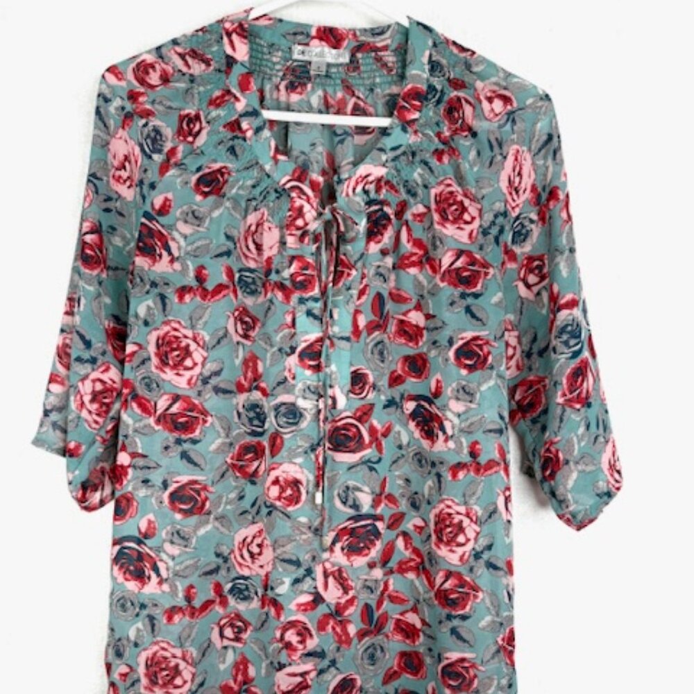 DE Collection Smocked-Yoke Blouse with Rose Print - Small